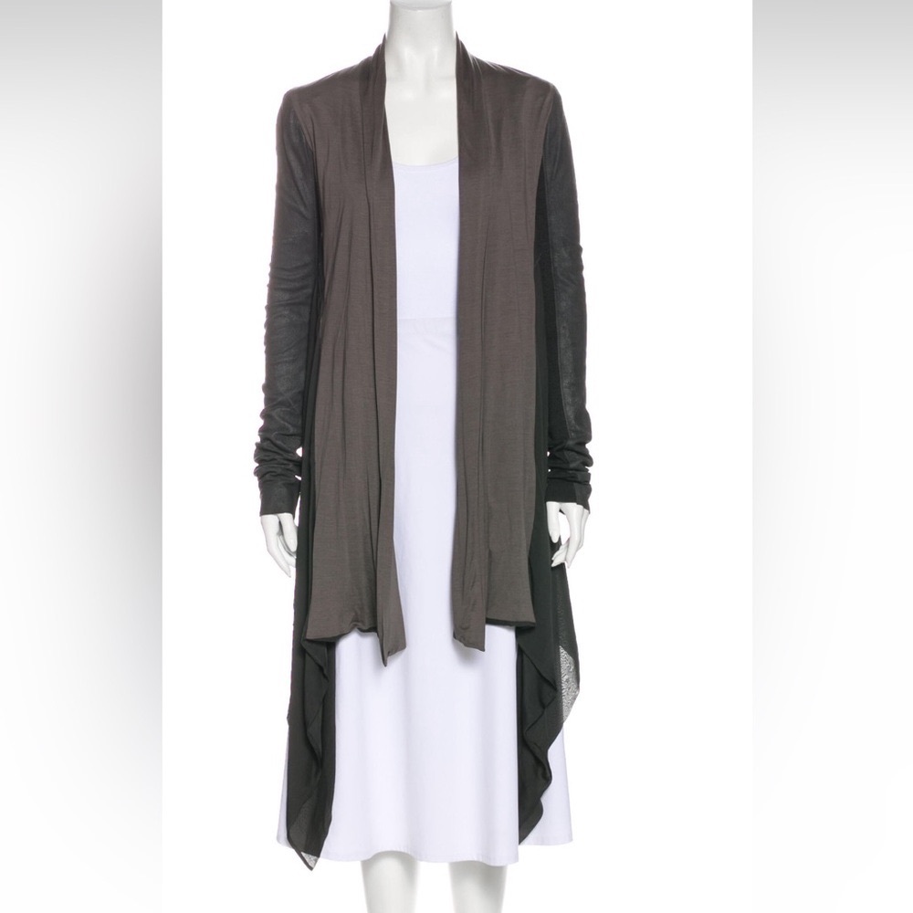 RICK OWENS 2-Tone Grey Long Open Cardigan Lamb Leather Sheer Silk Wool 4 S RARE!